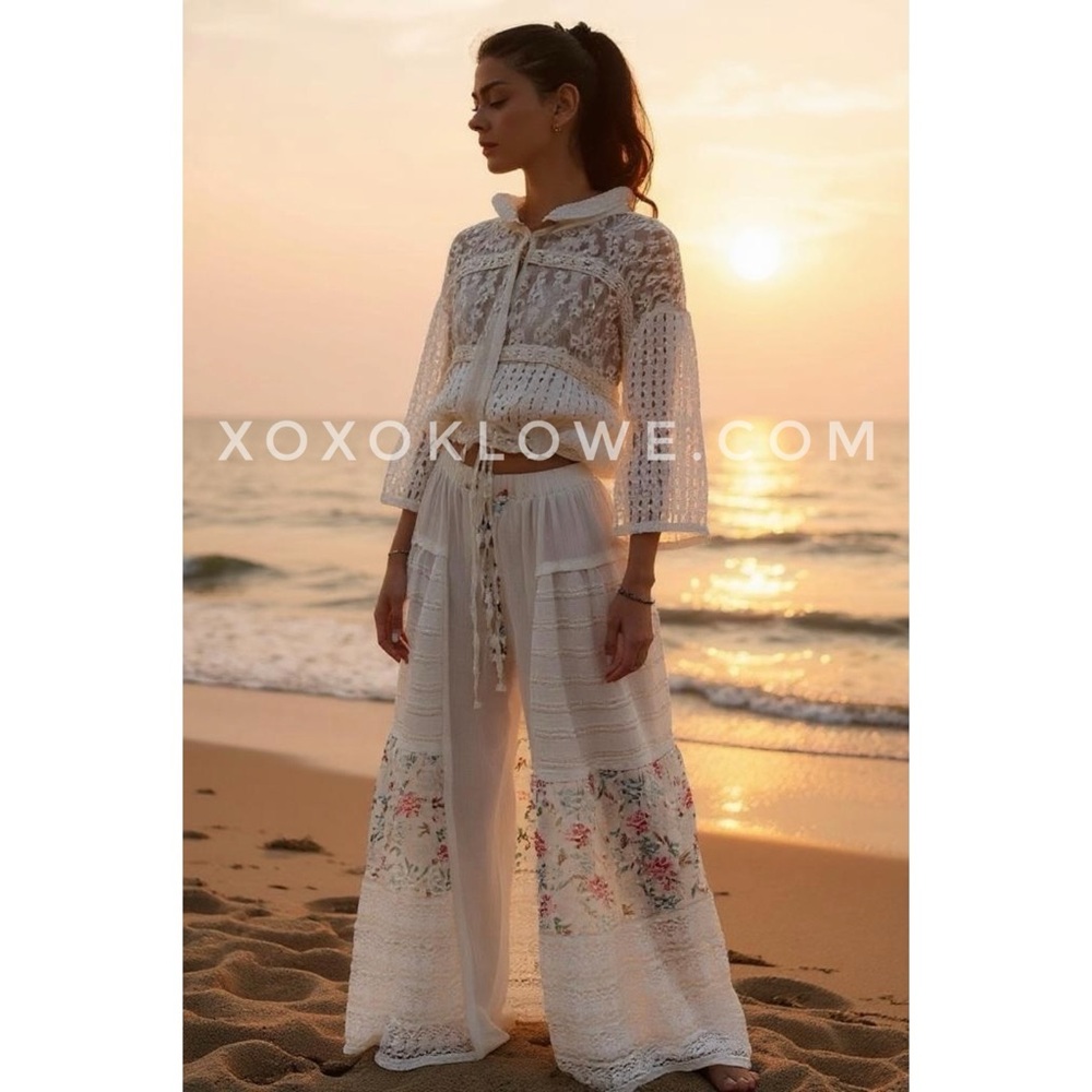 POL White Floral Lace Patchwork Boho Wide Leg Pants | Elastic Waist Pull On - Picture 5 of 10